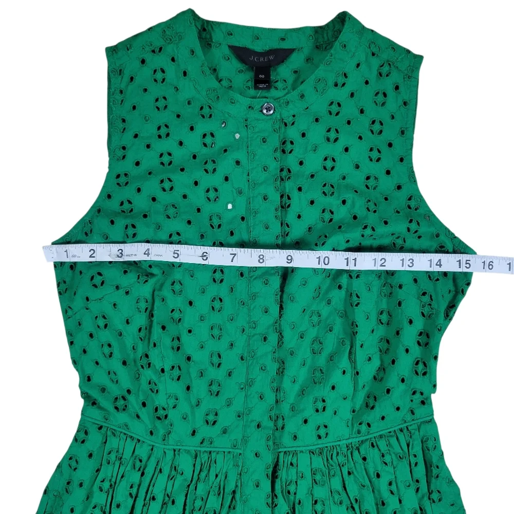 J Crew Eyelet Dress Womens 00 Kelly Green Sleeveless Button Front Clover‎ Preppy